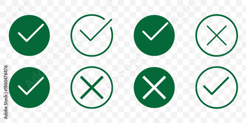 Check mark icon set with editable strokes. Accepted, rejected, approved, disapproved, right, wrong, correct.