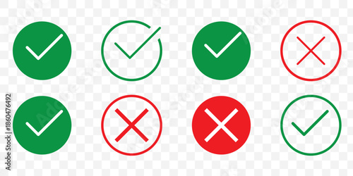 Check mark icon set with editable strokes. Accepted, rejected, approved, disapproved, right, wrong, correct.