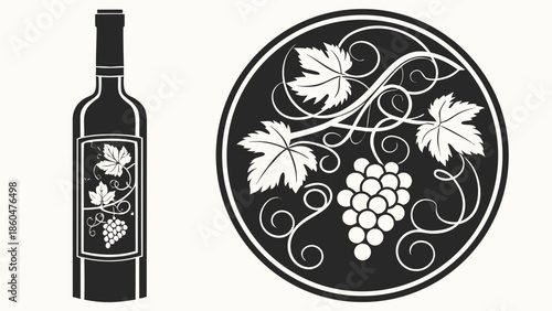 Vetor de ilustração vintage de garrafa de vinho em vidro com uvas e folhas de videira para design de logotipo de bar ou restaurante