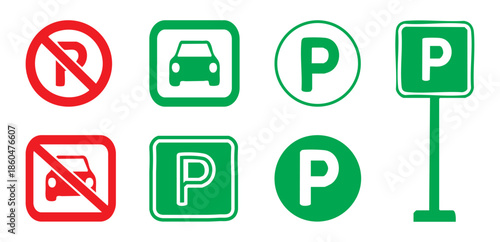 Parking signs car motorcycle bicycle no parking prohibition vector illustration. 