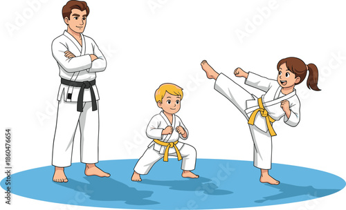 Karate Instructor Teaching Children Martial Arts Training Cartoon Illustration For Sports Discipline And Self Defense Concept