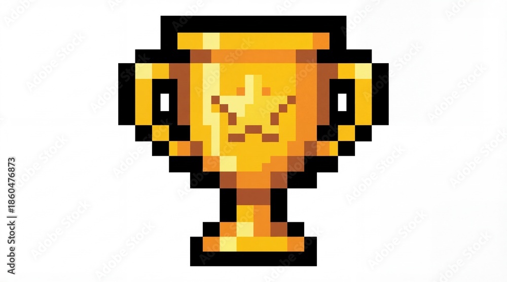 Fototapeta premium Pixel Art Golden Trophy Icon Vintage Gaming Achievement Award Grunge Paper Tapes