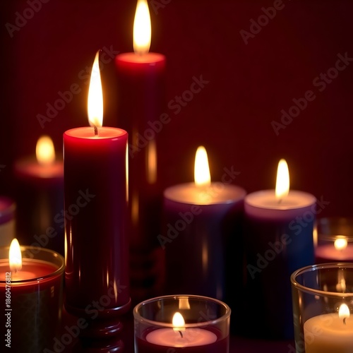 A group of candles in different colors and heights, burning softly in a dark environment. The warm flames and rich colors create a romantic, cozy, and relaxing mood.