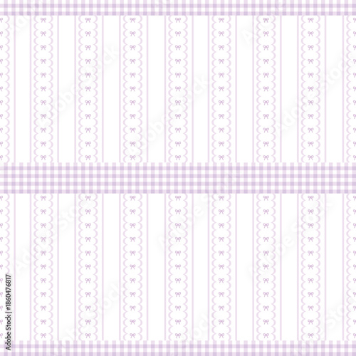Purple checkered seamless pattern decorated with ribbons and wavy lines. White background with straight lines for textiles, curtains, pillowcases, mattress covers, napkins, handkerchiefs, blankets.