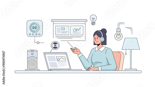 Woman working remotely with laptop and smart home devices at modern desk