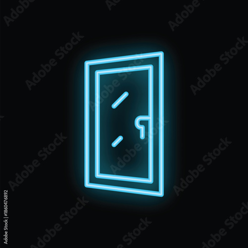 Bright blue neon sign of a door is glowing on a black background