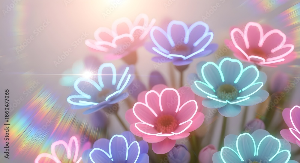 Obraz premium Blurred pastel flowers with neon rim-light outlines, soft vaporwave glow, ethereal holographic lens effect.