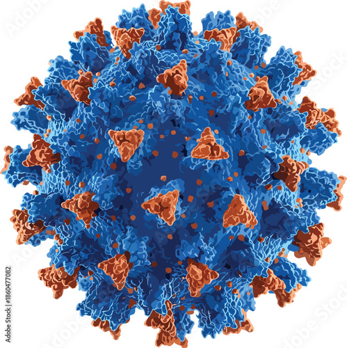 Highly Detailed Stylized Coronavirus Illustration with Blue Textured Surface and Prominent Brown Spike Proteins for Scientific and Educational Use
