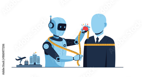 An AI robot tailor taking measurements of a person to create a personalized travel package with custom-fit flights and hotels.