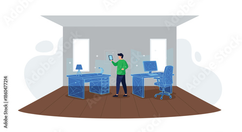 Man using an augmented reality tablet to visualize and arrange virtual furniture in an empty room for interior design planning.