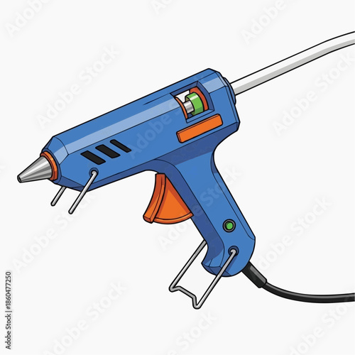 Vector illustration of a blue hot glue gun, a vital tool for crafting, DIY, and home repairs. Features an orange trigger and glue stick, ready for secure bonding and creative assembly