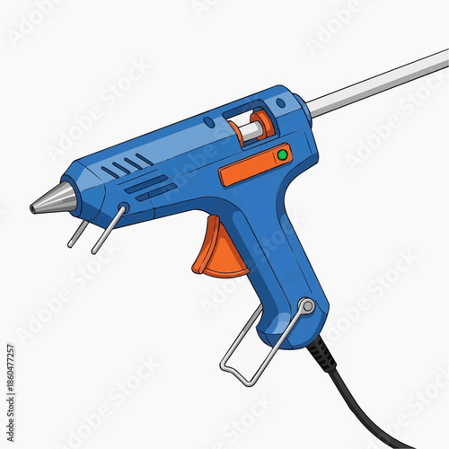 Detailed illustration of a blue and orange hot glue gun, a fundamental creative tool for seamlessly combining diverse materials, enabling rapid assembly and imaginative crafting projects