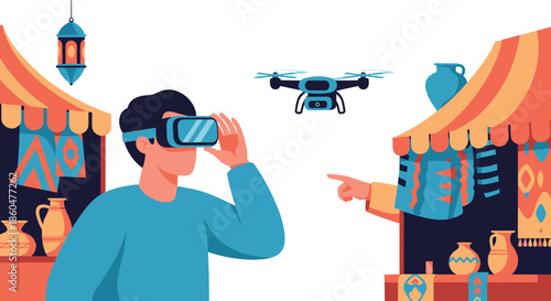 Man wearing VR goggles explores a virtual reality marketplace, interacting with a drone and goods at a digital bazaar.