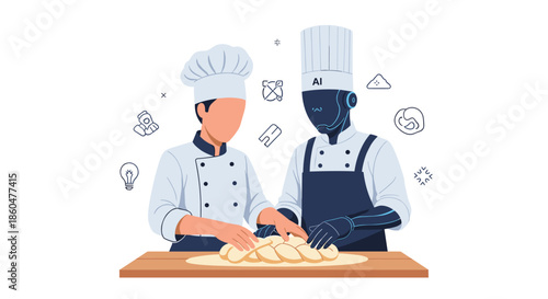 Professional chef and an AI robot chef collaborate in the kitchen, kneading dough together to prepare baked goods with creativity.