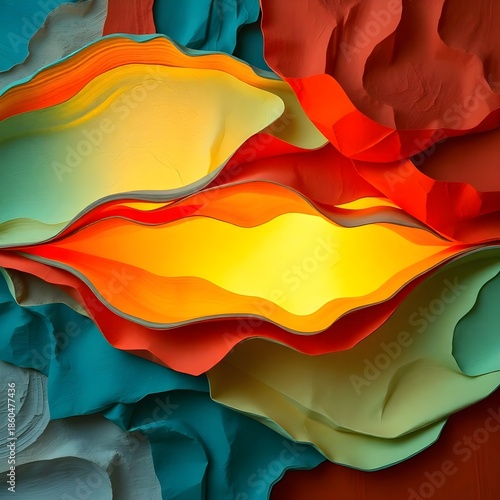 An abstract composition featuring layered, flowing shapes in bright yellow, orange, red, teal, and green tones. The smooth curves and depth create a dynamic, modern, and visually striking artistic bac