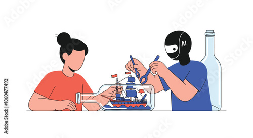 Woman and a ninja-like AI robot collaborate on the intricate and detailed task of building a ship inside a glass bottle.