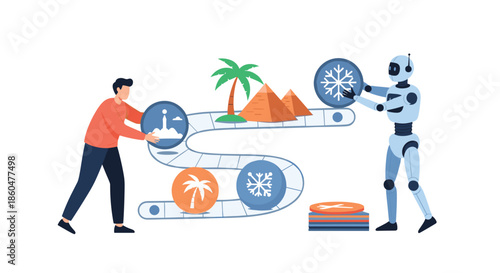 Human and a robot collaborating on planning a diverse travel itinerary, placing destination icons on a winding board game-like path.