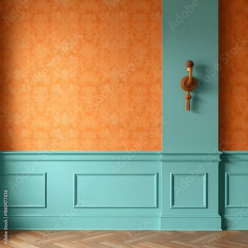 A minimalist interior scene featuring a two-tone wall with warm orange patterned wallpaper above and teal paneling below. A simple wall hook adds a touch of functionality, creating a modern, elegant, 