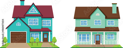 Modern suburban family house illustrations with garages porches and gardens for real estate and residential neighborhood concepts isolated on white background vector design