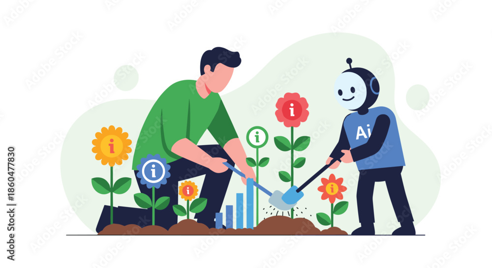Fototapeta premium Human and a friendly AI robot working together in a garden, planting and cultivating flowers with information symbols on them.