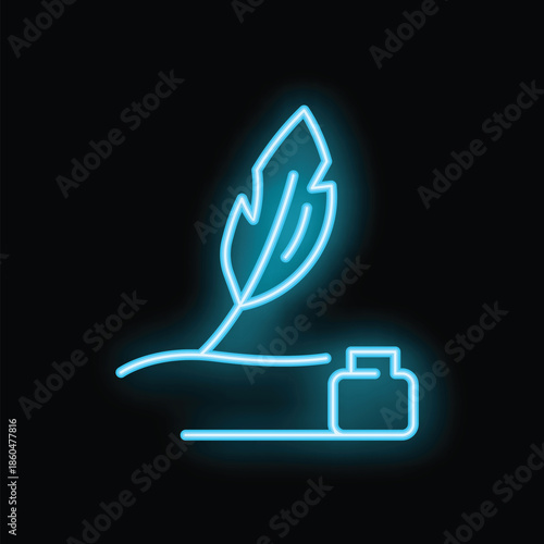 Neon sign of blue color depicting feather pen resting on blank sheet of paper with ink well, suitable for concepts such as writing and creativity