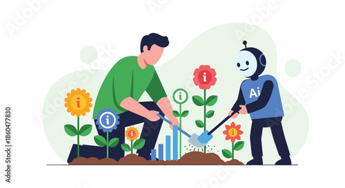 Human and a friendly AI robot working together in a garden, planting and cultivating flowers with information symbols on them.