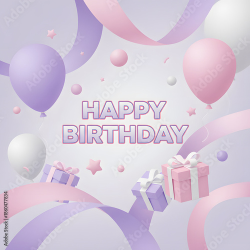 Wallpaper Mural Happy birthday holiday background. 3d realistic objects. Toy balloons  heart  star symbols  cupcake  cake  gift box Torontodigital.ca