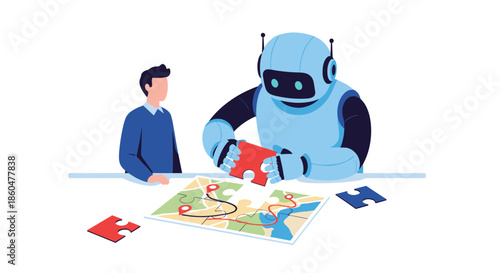 Man watches as a friendly AI robot places the final piece into a map puzzle, representing AI-powered route planning and solutions.