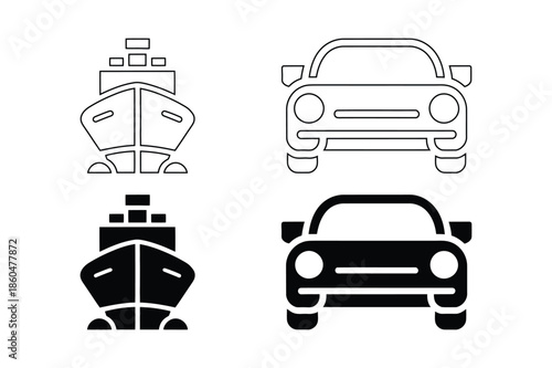 Cargo ship and car icons for transport and logistics set