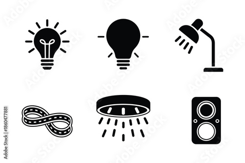 Household electronics and media icons in minimalist black