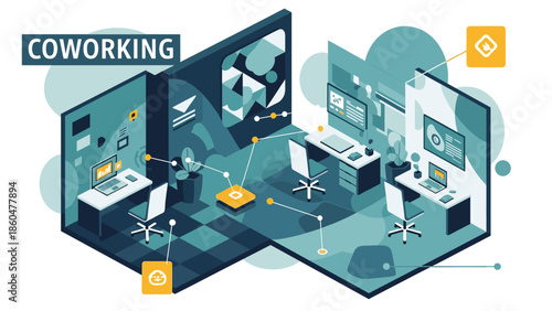 Modern coworking space with interconnected workstations and technology