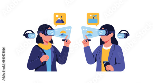Two women wearing virtual reality headsets interact with holographic screens, sharing a travel experience in the metaverse together.