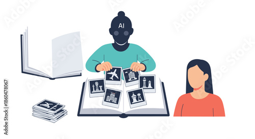 An AI-powered assistant helps a woman organize her travel memories by arranging landmark photos into a large photo album book.