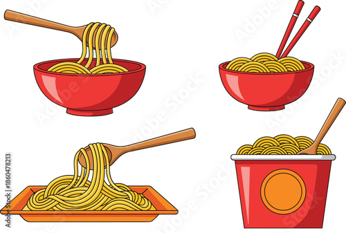 Noodle bowl and pasta serving illustration collection with chopsticks spoon and plate for Asian cuisine