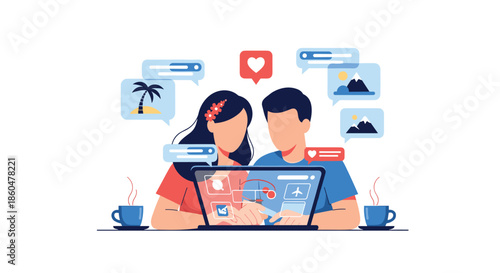 Couple using a laptop for online communication and planning a vacation, with travel and social media icons floating around.