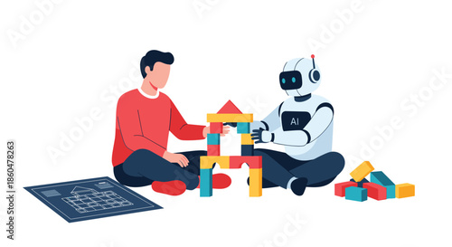 Man and an AI robot sitting on the floor together, collaboratively building a castle with colorful toy blocks from a blueprint.