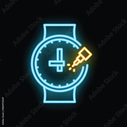 Neon glowing icon of a watch showing the time passing, being adjusted with a pipette adding or removing time