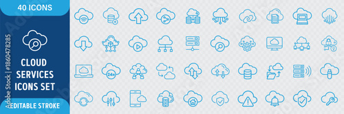 Cloud Services Line Icon Set. Cloud Computing, Data Storage, Server, Hosting, Network, SaaS and IT Infrastructure Icons. Editable Outline Stroke.