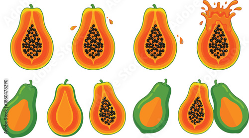 Papaya fruit collection with whole and sliced tropical papayas showing seeds isolated on white background flat vector illustration