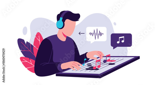 Musician or sound engineer wearing headphones at a mixing desk, composing music by manipulating notes and sound wave patterns.