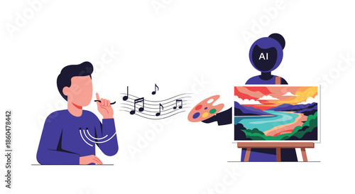 Conceptual art showing a person whistling a tune that an AI artist bot translates into a beautiful landscape painting on a canvas.