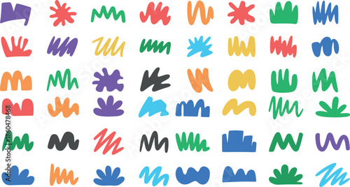 Colorful abstract shapes and squiggles on white background for design elements