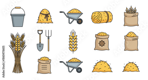 Collection of agriculture icons featuring grain sacks, hay bales, wheelbarrows, and farm tools for harvesting season concepts.