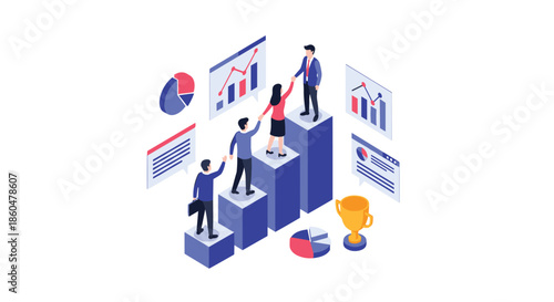 Group of business people helping each other climb up a rising bar chart to reach a trophy, symbolizing teamwork and success.