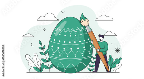 Man holding a large paintbrush while decorating a giant green Easter egg with white patterns in a bright outdoor setting.