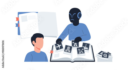 A man watches as a helpful AI bot organizes travel photos and landmark pictures into a large photo album or travel book.