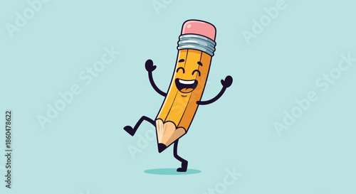 Cheerful cartoon pencil character jumping with arms wide open on a light blue background, perfect for school theme designs.