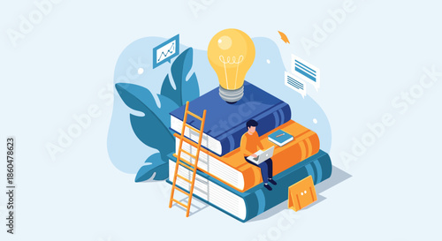 Student sitting on a giant stack of books working on a laptop with a bright lightbulb above representing a smart new idea.