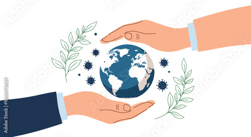 Two large hands cupping and protecting the planet Earth from surrounding virus particles and pathogens in a global effort.