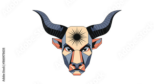 Abstract geometric illustration of a bull head with large horns and a sun symbol on its forehead using sharp modern lines.
